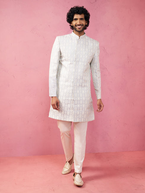 Men's Grey Jacquard Indo-Western Kurta with Cream Trousers