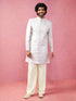 Men's Grey Silk-Blend Ethnic Motiff Thigh Length Indo Western Set with Wide Leg Pant