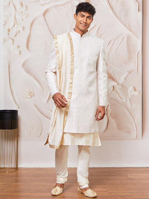 Men's Lavender Silk Blend Indowestern, Kurta Pyjama And Dupatta Set