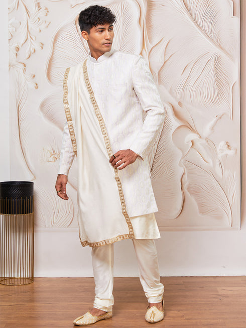 Men's Lavender Silk Blend Indowestern, Kurta Pyjama And Dupatta Set
