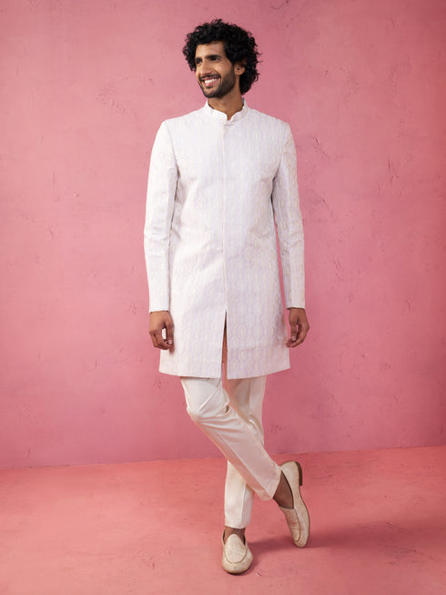 Men's Purple Jacquard Indo-Western Kurta with Cream Trousers