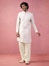 Men's Off-White Silk-Blend Ethnic Motiff Thigh Length Indo Western Set with Wide Leg Pant