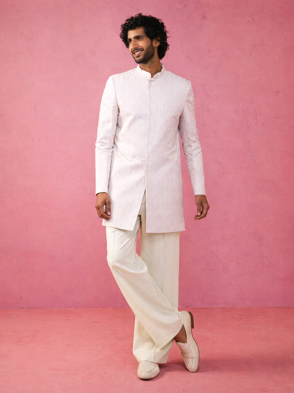 Cream Jacquard Self Design Indo Western Set with Pants