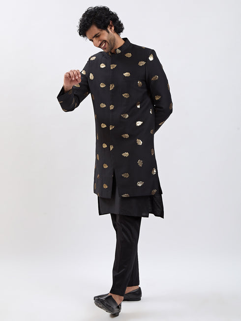 Men's Black Viscose Sherwani Set