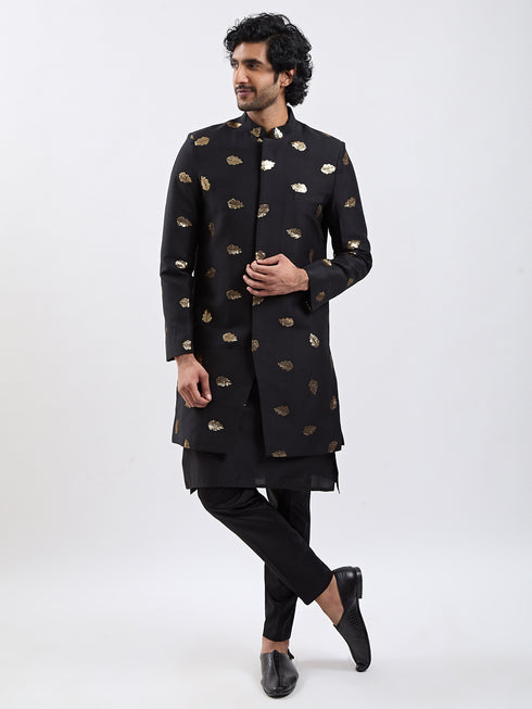 Men's Black Viscose Sherwani Set