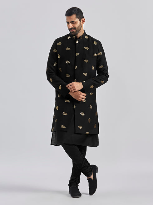 Men's Black Viscose Sherwani Set