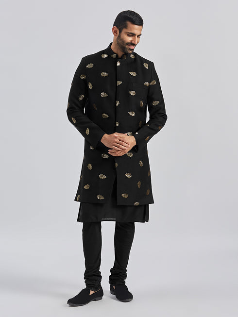 Men's Black Viscose Sherwani Set