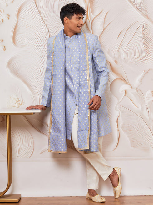 Men's Powder Blue Cotton Blend Indowestern Pant And Dupatta Set