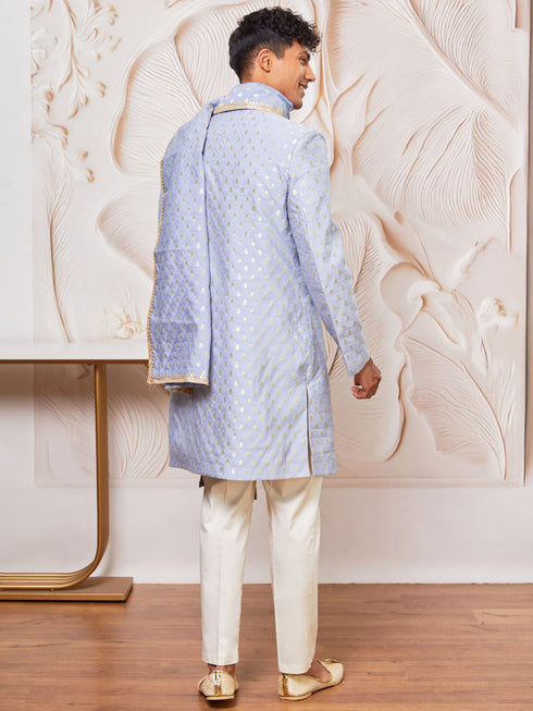 Men's Powder Blue Cotton Blend Indowestern Pant And Dupatta Set
