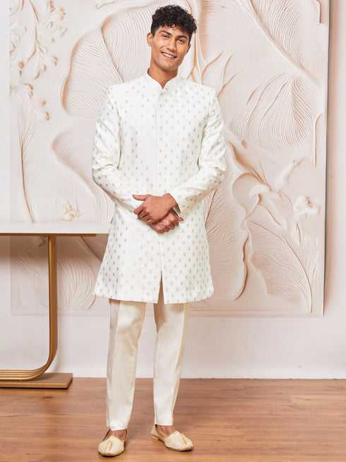 Men's White Cotton Blend Indowestern And Pant Set