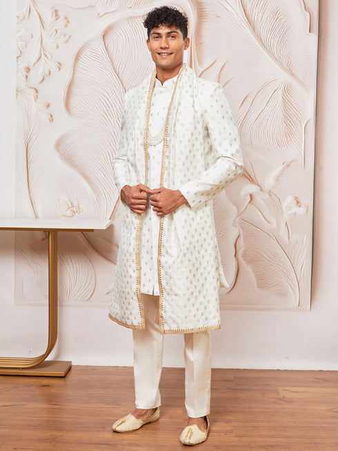 Men's White Cotton Blend Indowestern Pant And Dupatta Set
