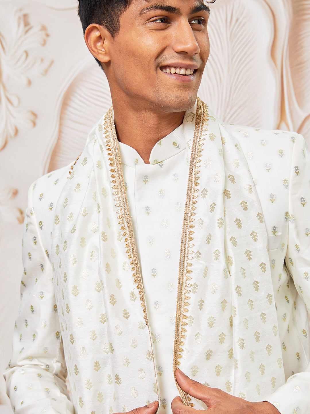 Men's White Cotton Blend Indowestern Pant And Dupatta Set