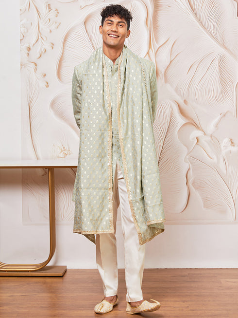 Men's Mint Green Cotton Blend Indowestern Pant And Dupatta Set