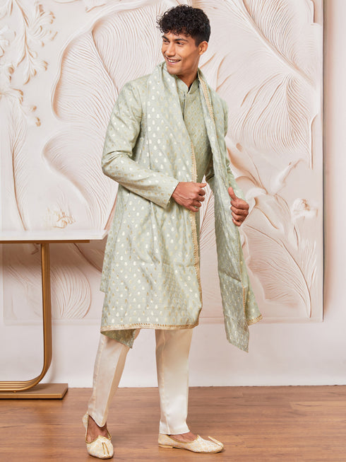 Men's Mint Green Cotton Blend Indowestern Pant And Dupatta Set