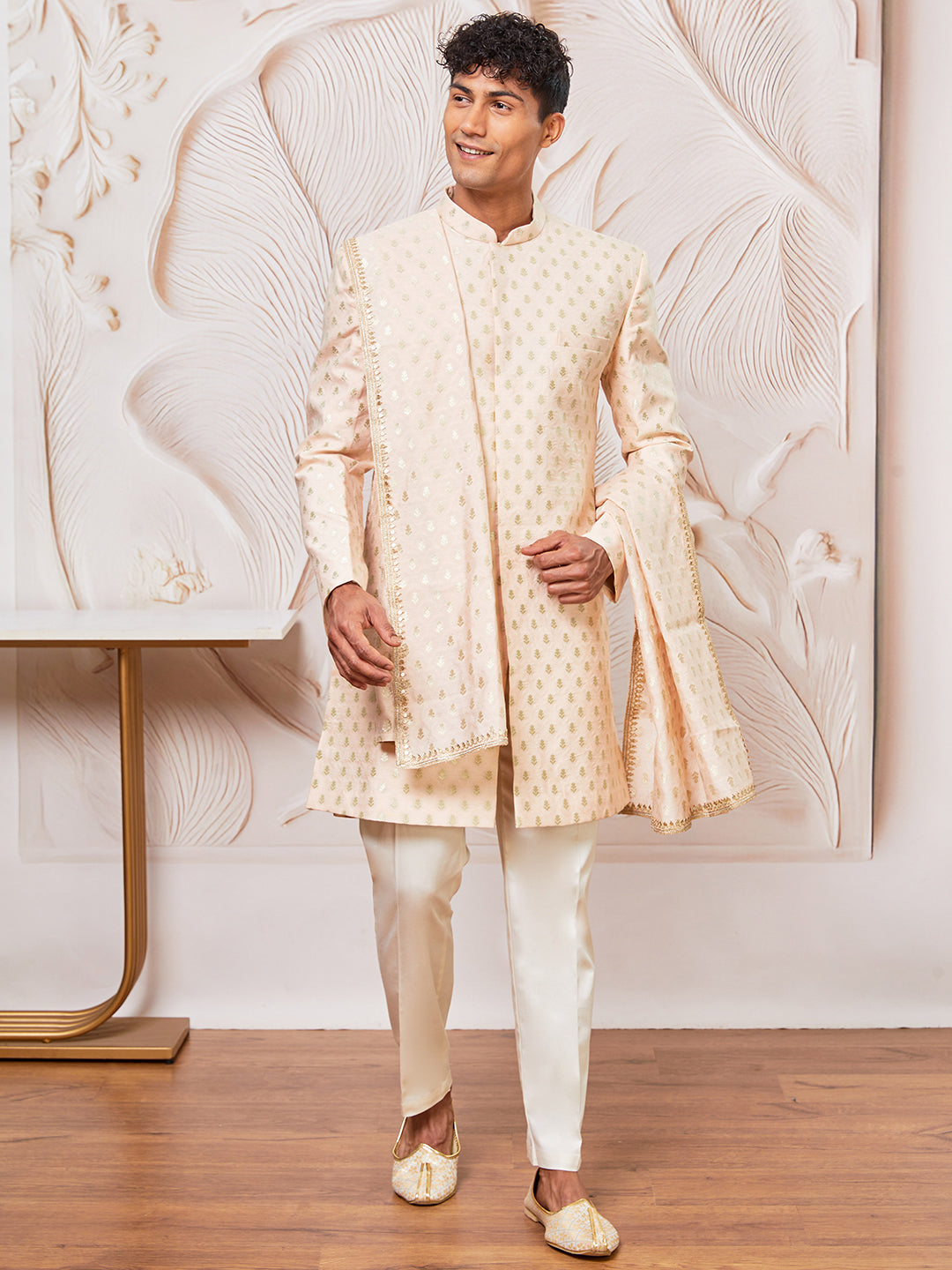 Men's Peach Cotton Blend Indowestern Pant And Dupatta Set