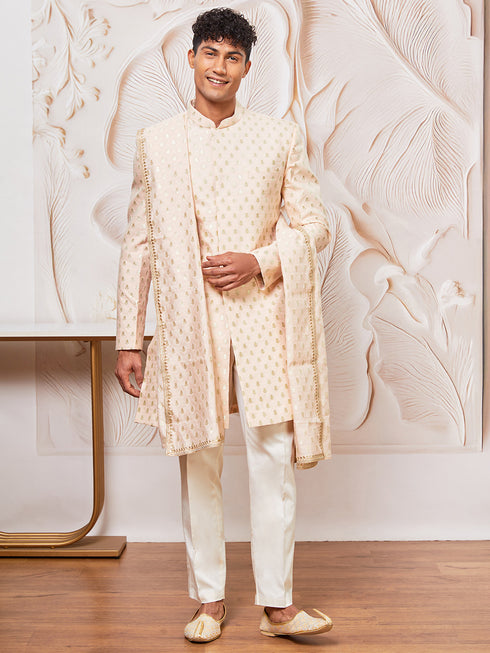 Men's Peach Cotton Blend Indowestern Pant And Dupatta Set