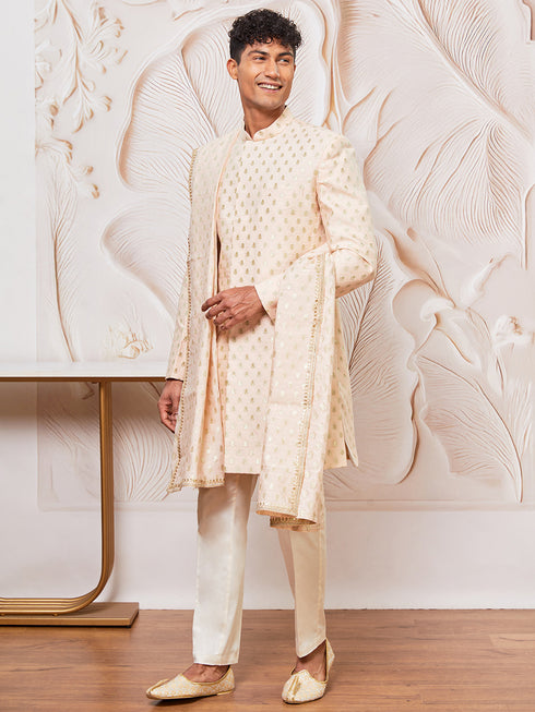 Men's Peach Cotton Blend Indowestern Pant And Dupatta Set
