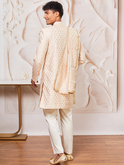 Men's Peach Cotton Blend Indowestern Pant And Dupatta Set