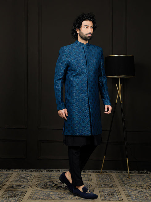 Men's Turquoise And Black Viscose Sherwani Set