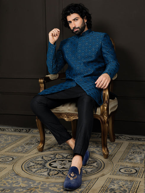 Men's Turquoise And Black Viscose Sherwani Set