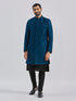 Men's Turquoise And Black Viscose Sherwani Set