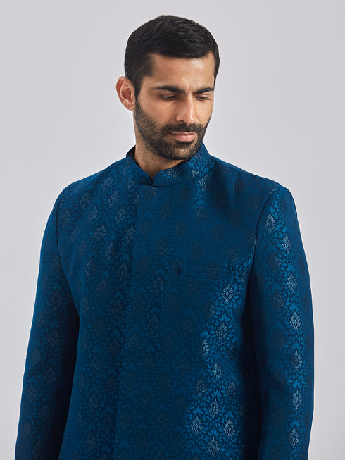 Men's Turquoise And Black Viscose Sherwani Set
