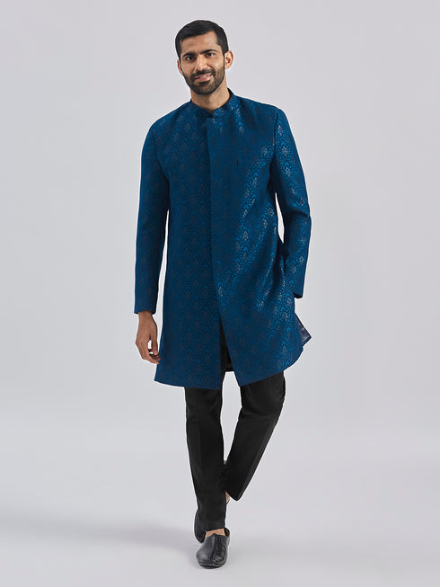 Men's Turquoise And Black Silk Blend Sherwani Set