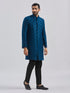 Men's Turquoise And Black Silk Blend Sherwani Set