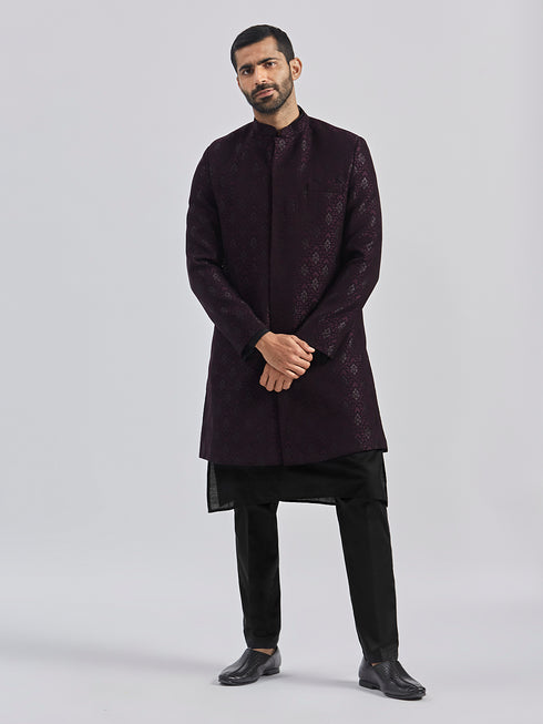 Men's Wine And Black Viscose Sherwani Set