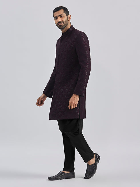 Men's Wine And Black Viscose Sherwani Set