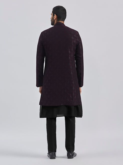 Men's Wine And Black Viscose Sherwani Set