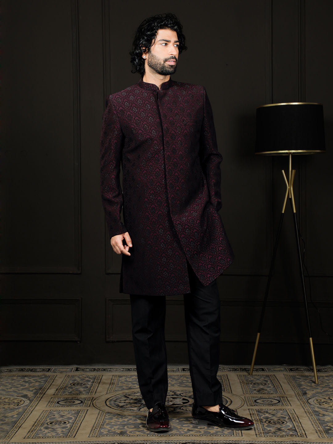 Men's Wine Silk Blend Sherwani Set