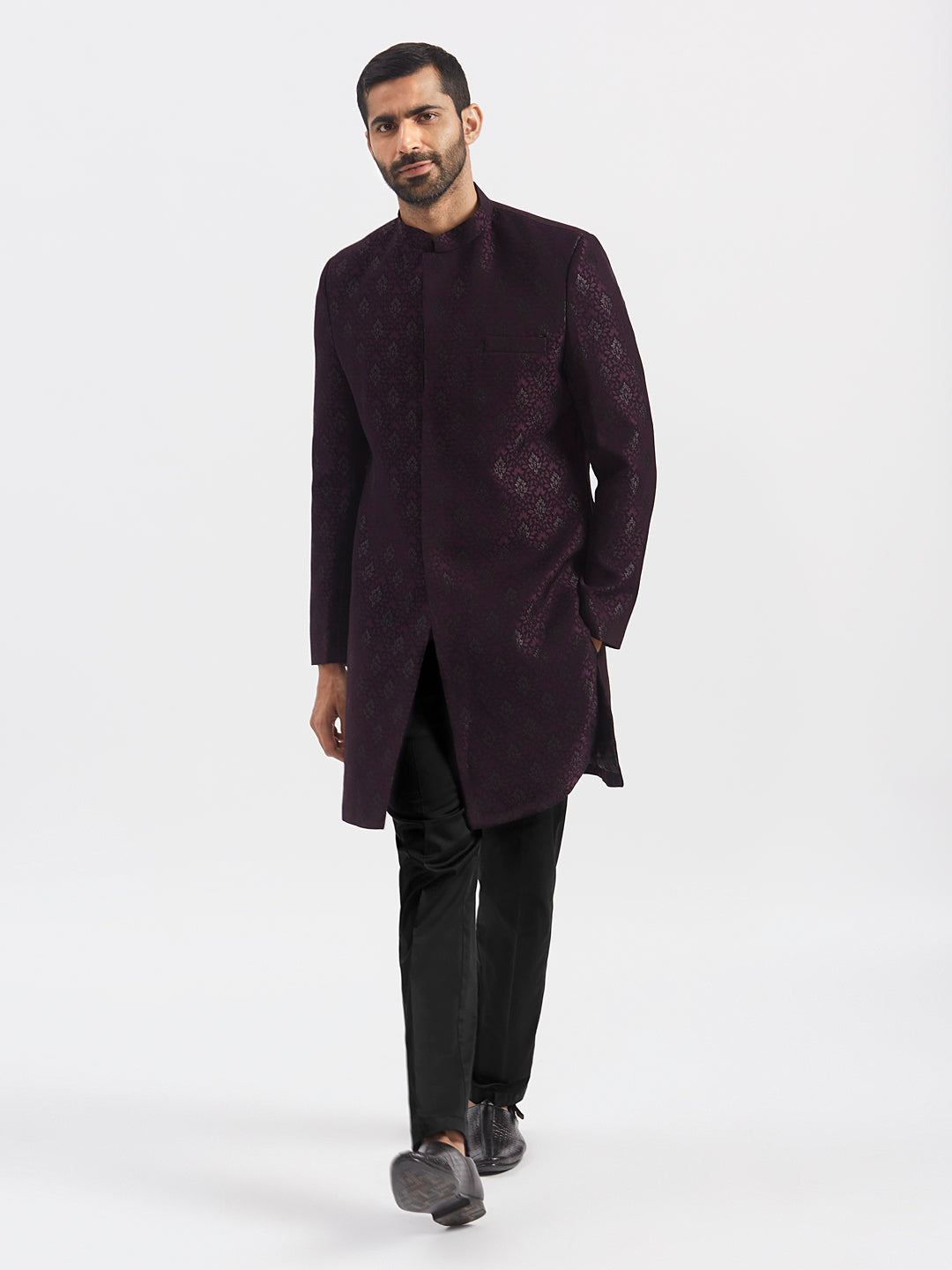 Men's Wine Silk Blend Sherwani Set
