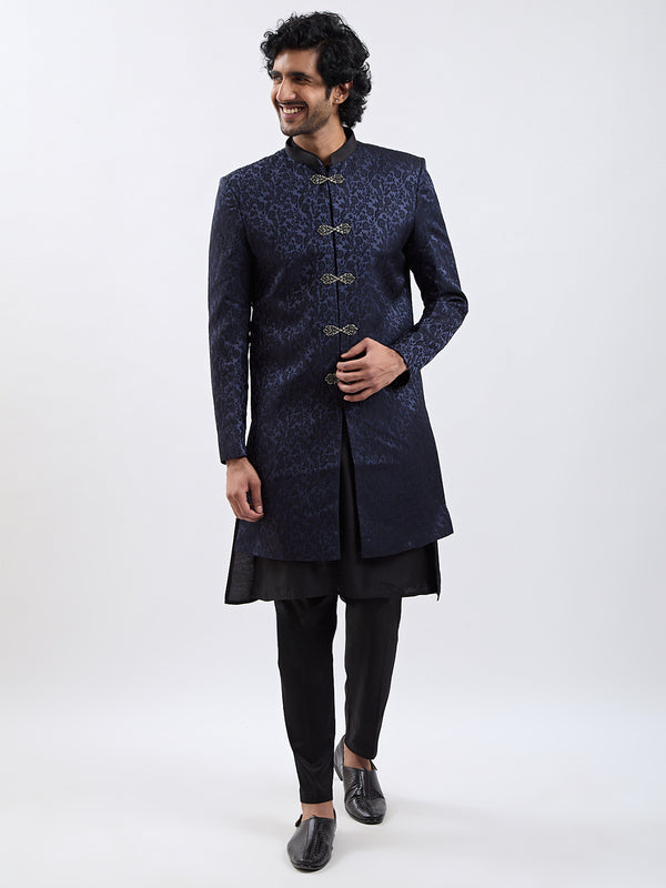 Men's Navy Blue And Black Viscose Sherwani Set