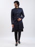 Men's Navy Blue And Black Viscose Sherwani Set