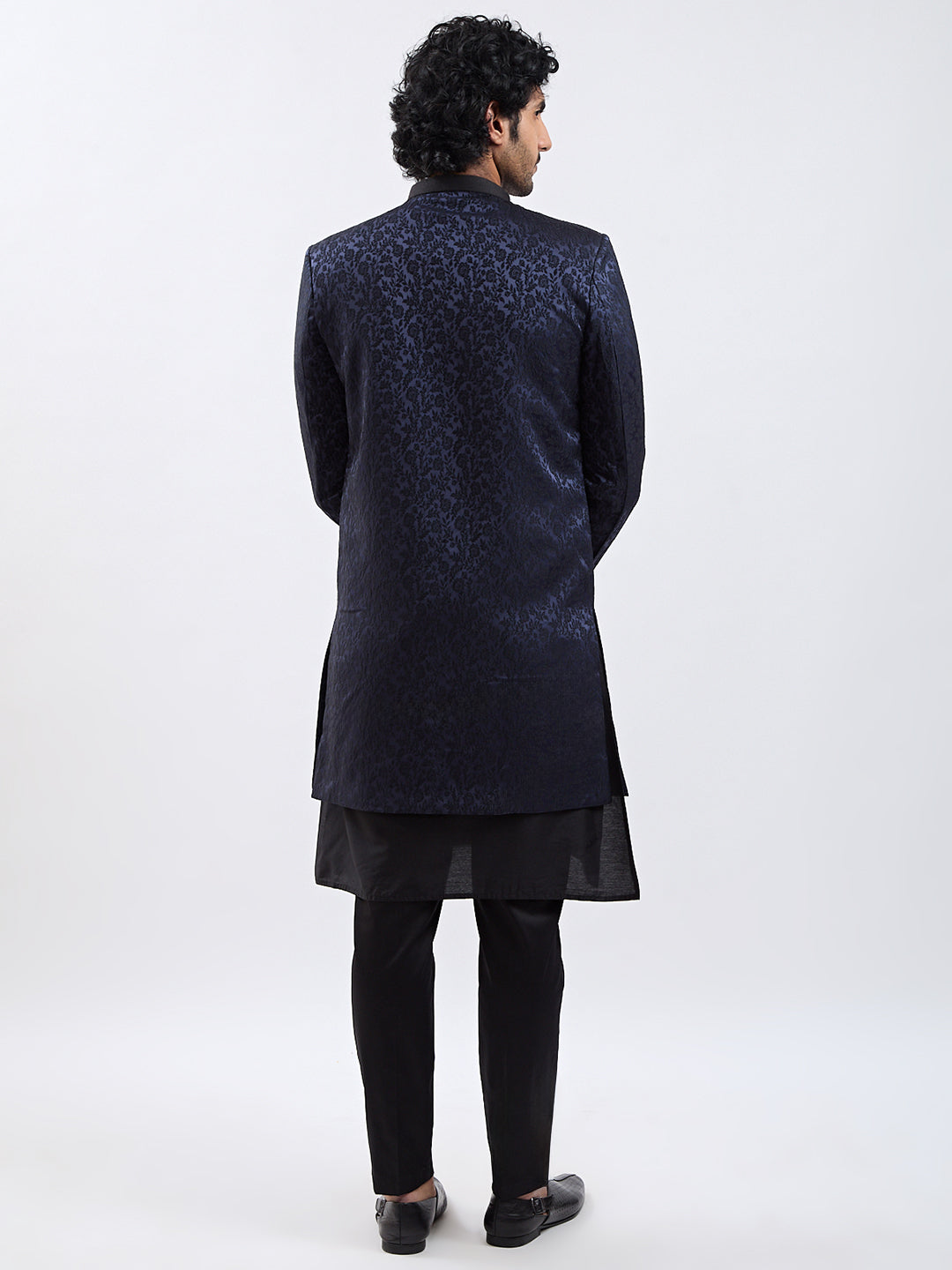 Men's Navy Blue And Black Viscose Sherwani Set