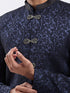 Men's Navy Blue Silk-Blend Floral Knee Length Indo Western Set with Pant