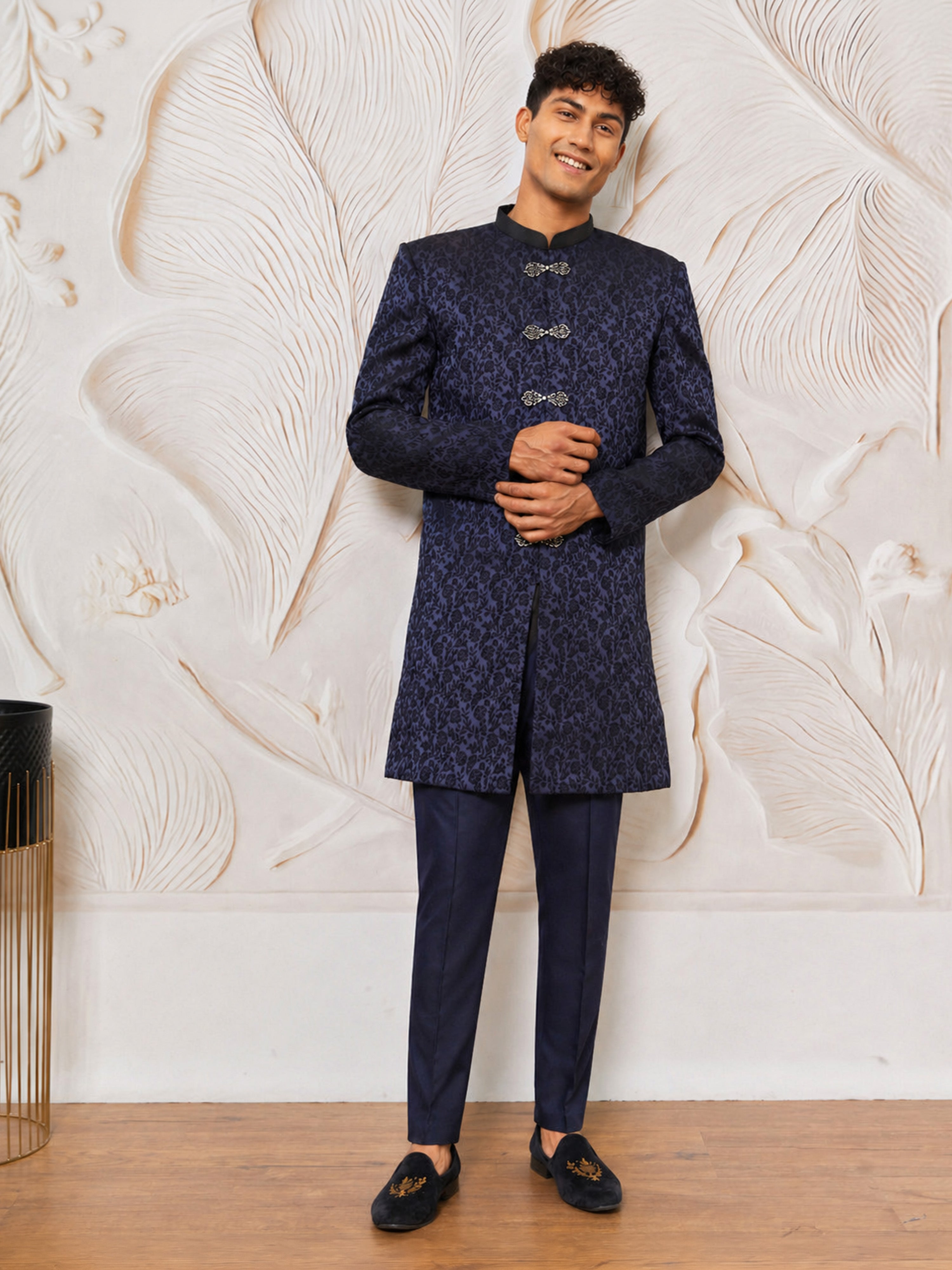 Men's Navy Blue Silk-Blend Floral Knee Length Indo Western Set with Pant