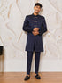 Men's Navy Blue Silk-Blend Floral Knee Length Indo Western Set with Pant