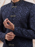Men's Navy Blue Silk-Blend Floral Knee Length Indo Western Set with Pant