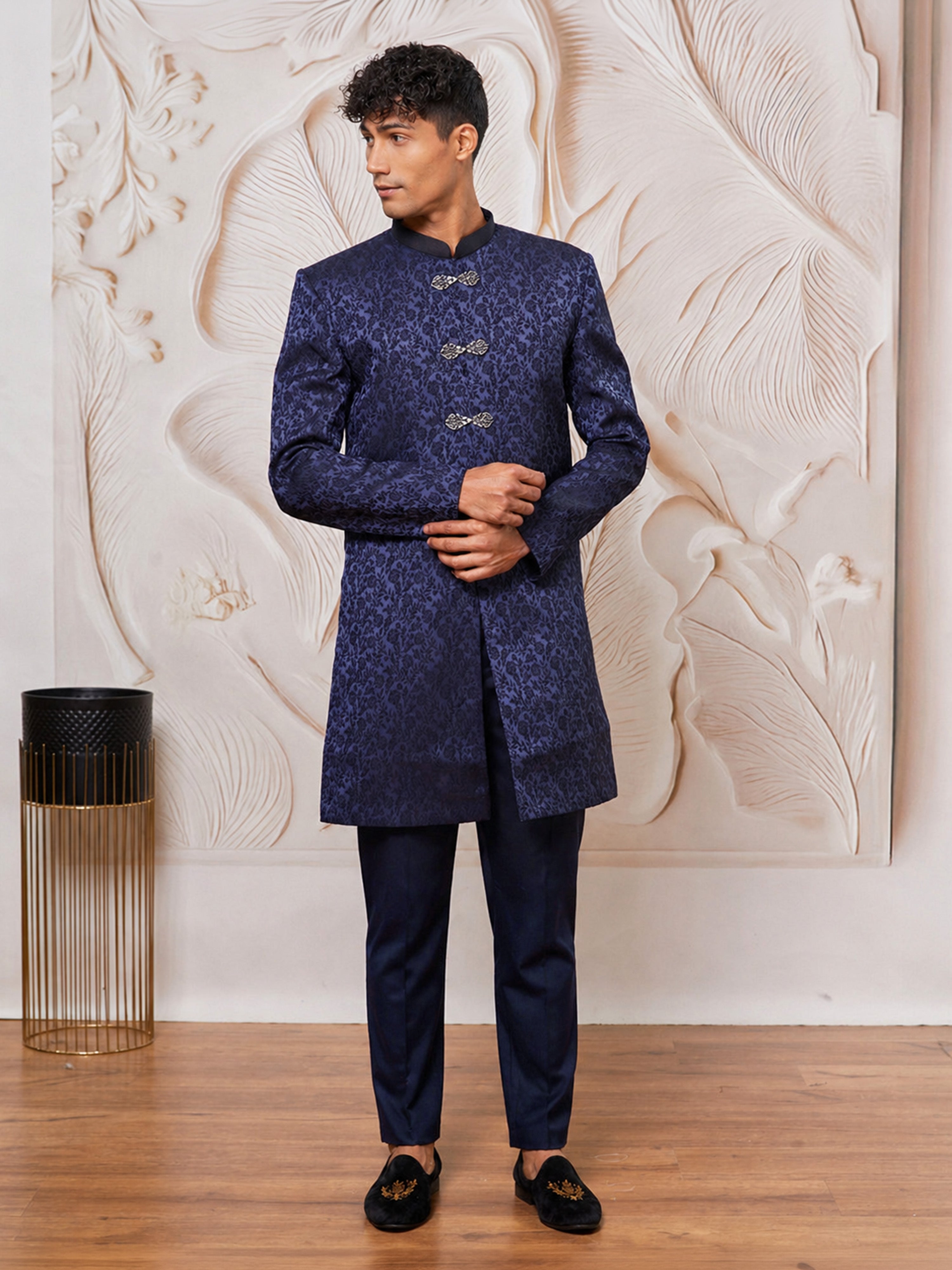 Men's Navy Blue Silk-Blend Floral Knee Length Indo Western Set with Pant