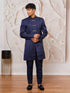 Men's Navy Blue Silk-Blend Floral Knee Length Indo Western Set with Pant