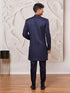 Men's Navy Blue Silk-Blend Floral Knee Length Indo Western Set with Pant