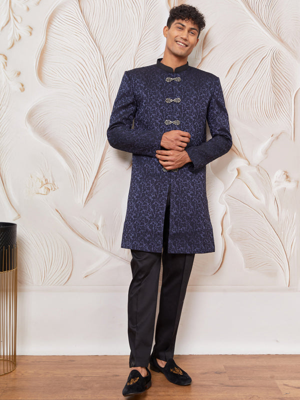 Men's Navy Blue Silk Blend Indowestern And Pant Set