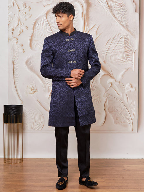 Men's Navy Blue Silk Blend Indowestern And Pant Set