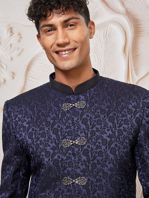 Men's Navy Blue Silk Blend Indowestern And Pant Set