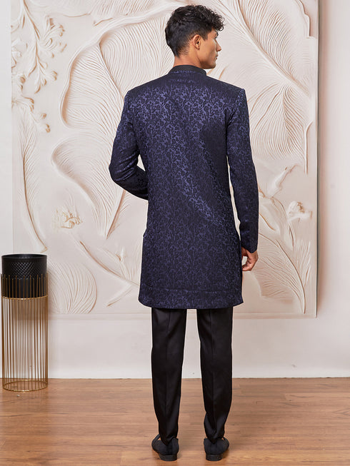 Men's Navy Blue Silk Blend Indowestern And Pant Set