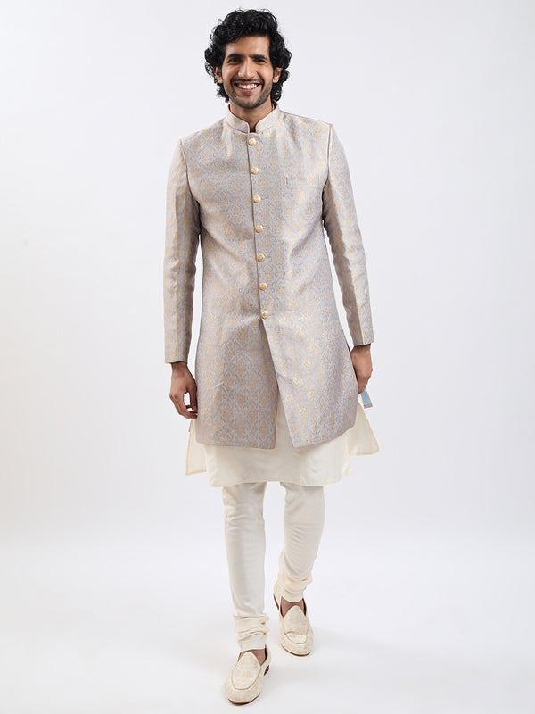 Men's Rose Gold And Gray Viscose Sherwani Set