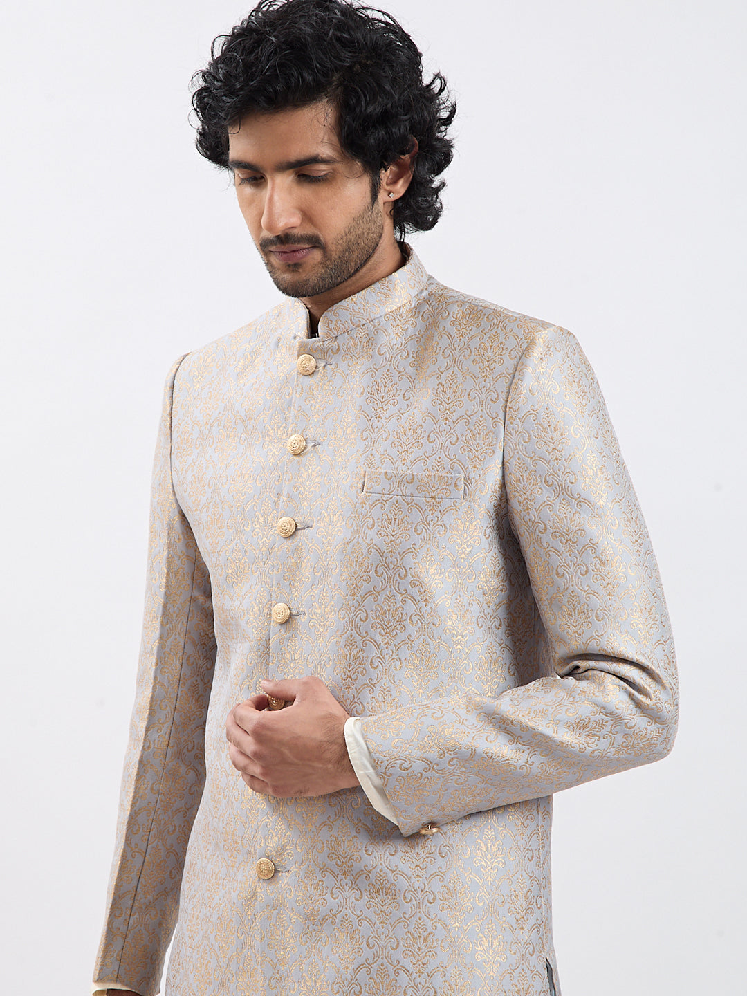 Men's Rose Gold And Gray Viscose Sherwani Set