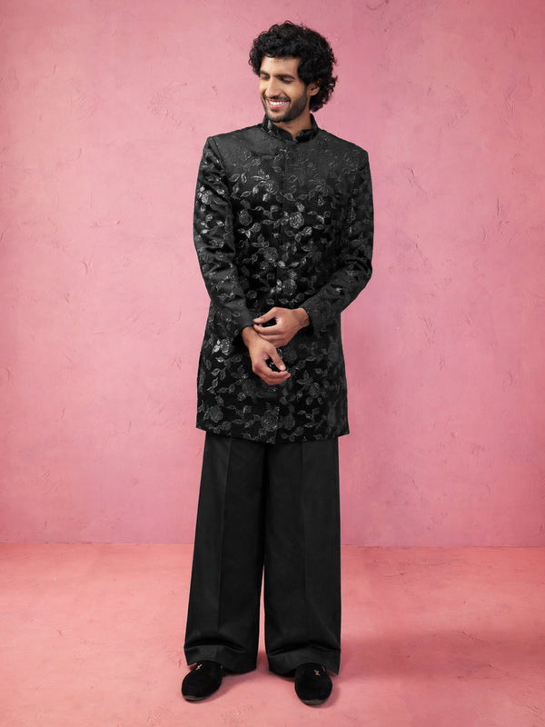 Black Velvet Floral Sequined Indo-Western Set for Men